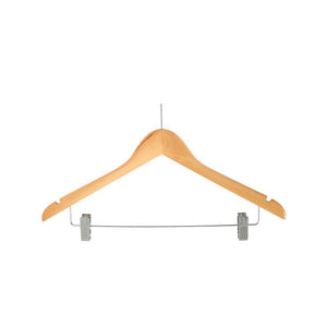 Compass 59125 light wood security hanger on white with a short pin at the crown and two clips on a wire bar under the shoulders
