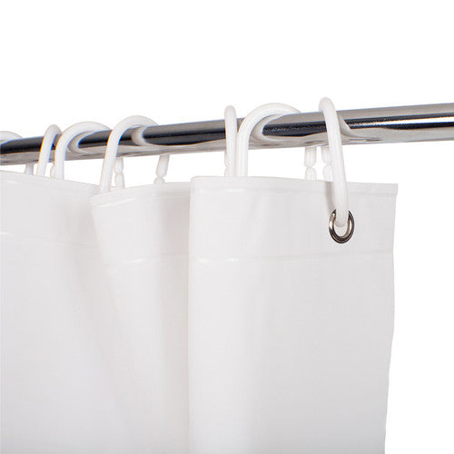 Close-up of the top eyelet and plastic ring detail on the Compass white shower curtain