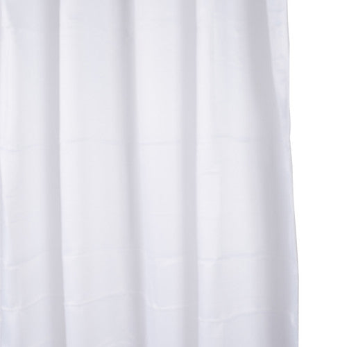 Full-length view of the Compass plain white shower curtain showing weighted base and neutral finish
