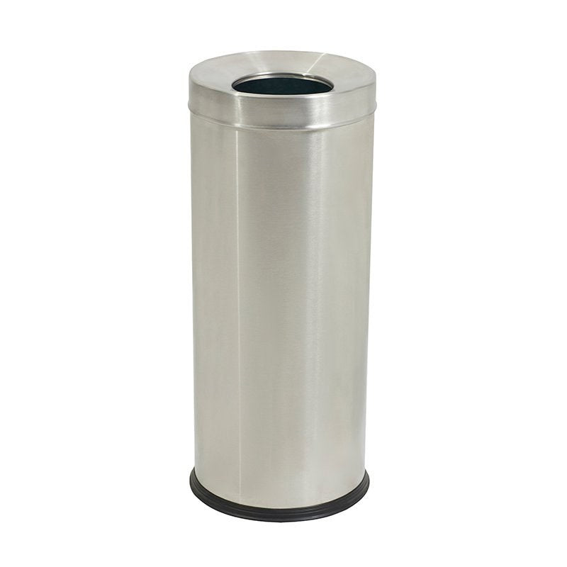 Compass 761240TTBL slim brushed stainless steel tidy bin on white with a small round opening in the flat top and a black base rim