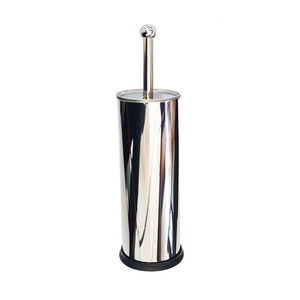 Closed Compass stainless steel toilet brush caddy with a polished body, black base ring and a round ball knob on top