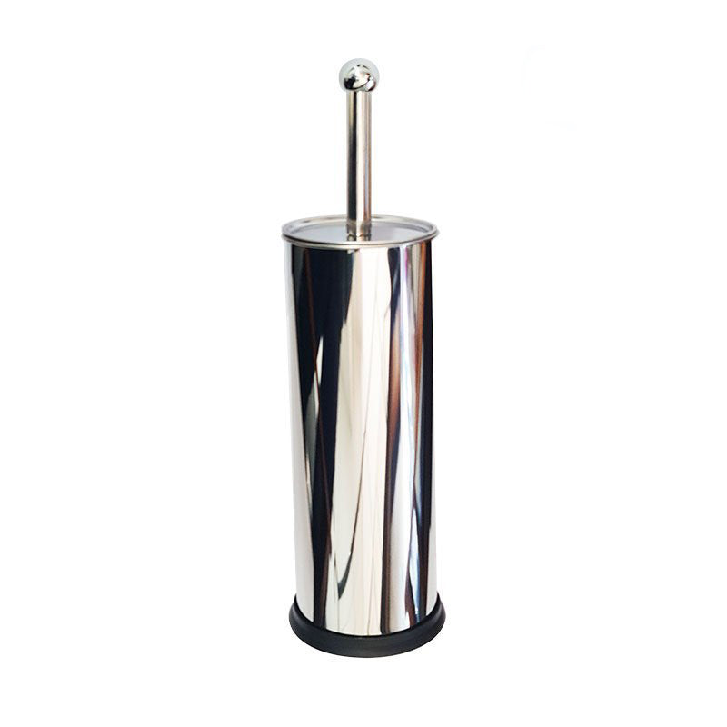 Closed Compass stainless steel toilet brush caddy with a polished body, black base ring and a round ball knob on top