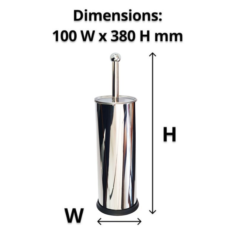 Closed stainless steel caddy with arrows marking width and height and the caption Dimensions 100 W x 380 H mm