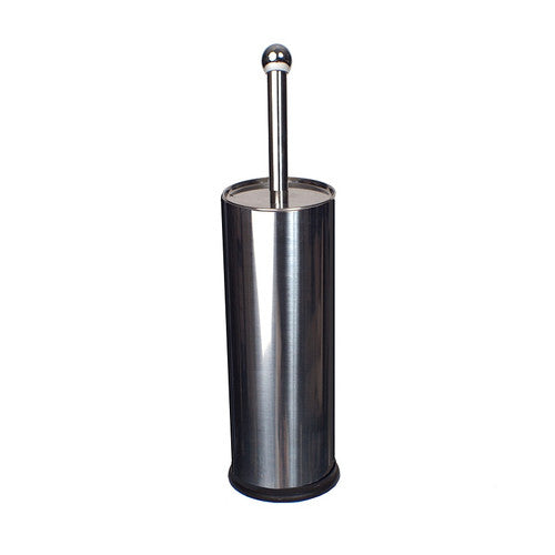 Compass stainless steel toilet brush and caddy standing upright, front view on white background