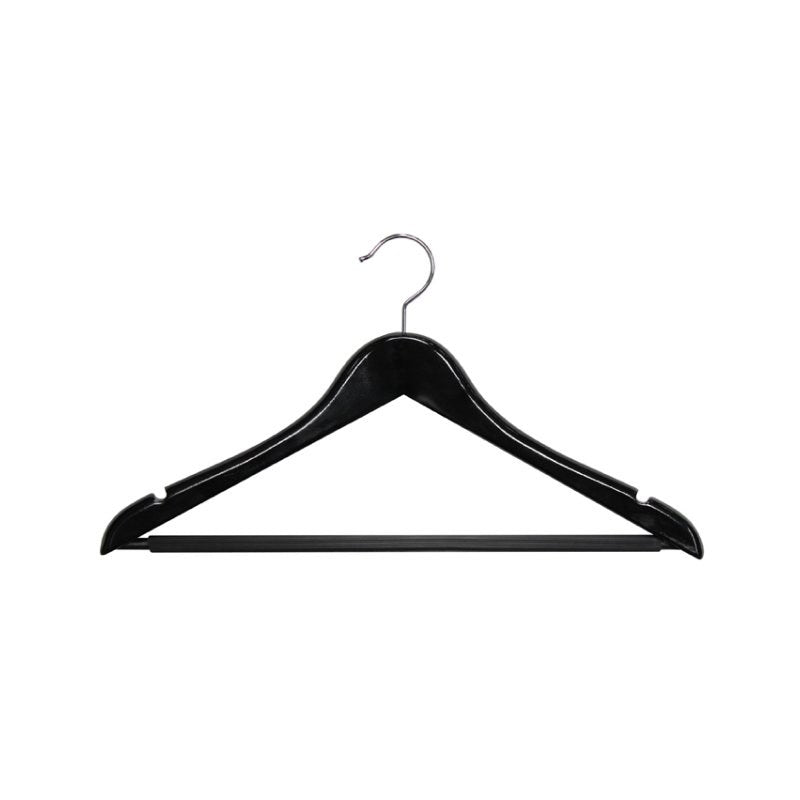 Compass 59122BLK black wood standard hook hanger on white with notched shoulders, a metal hook and a straight black covered rod