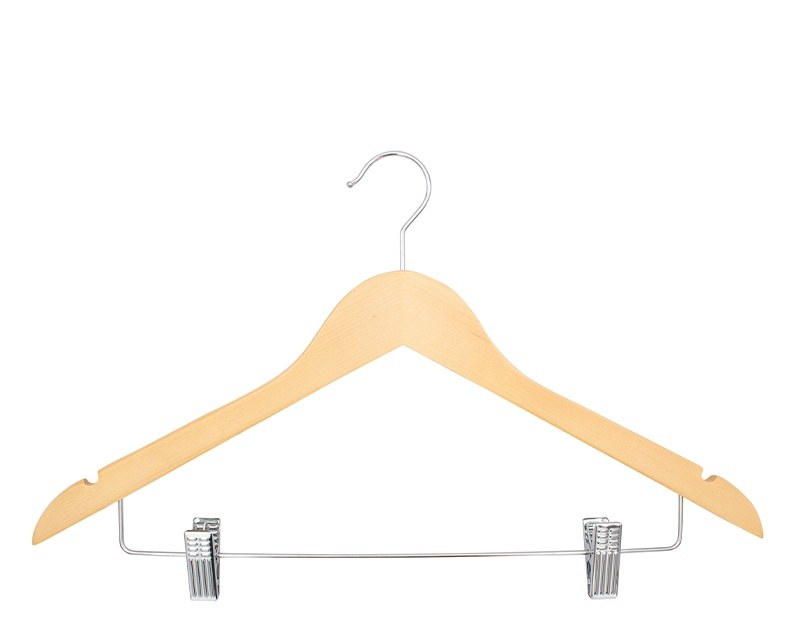 Compass light wood hook hanger with two chrome clips on a wire bar below notched shoulders, shown on a white background