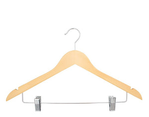 Compass light wood hook hanger with two chrome clips on a wire bar below notched shoulders, shown on a white background