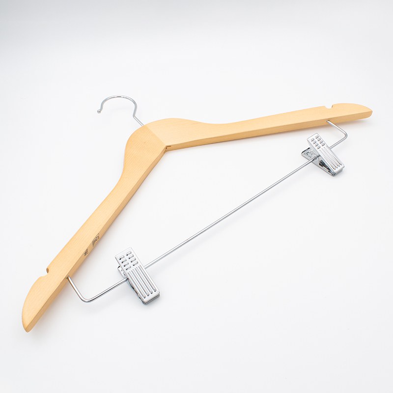 Angled view of the Compass light wood clip hanger showing the hook, one shoulder and the wire bar with its clip