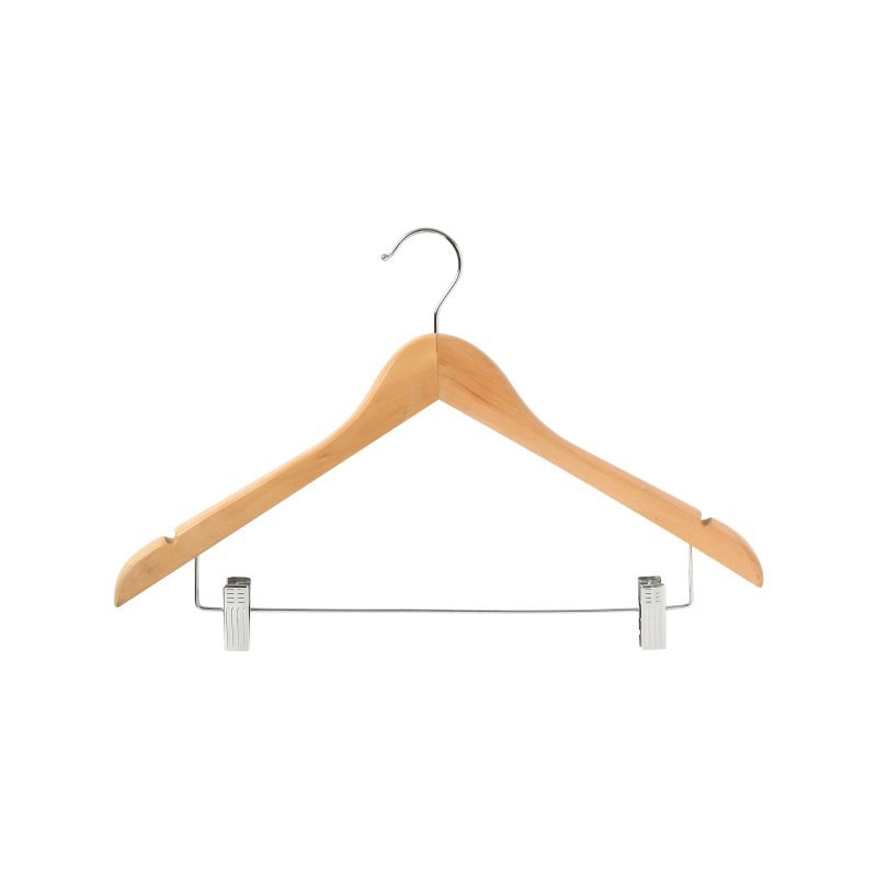 Compass 59126 light wood standard hanger on white with a metal hook, notched shoulders and two clips on a wire bar beneath