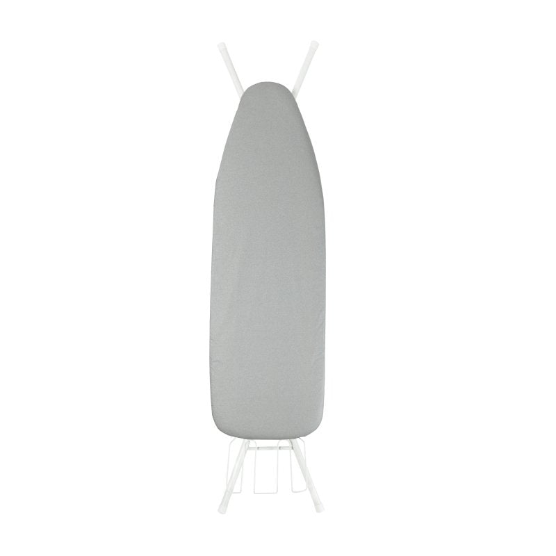 Compass standard board folded flat, silver cover facing, white legs crossing at the top and caddy at the base