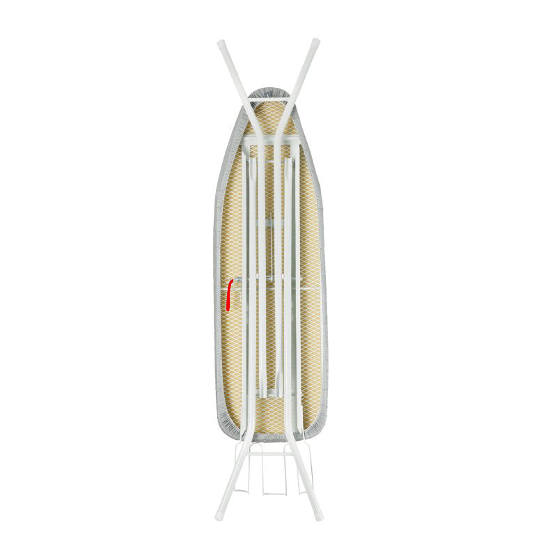 Back of the folded standard board showing the tan mesh base and the white frame and legs folded inside