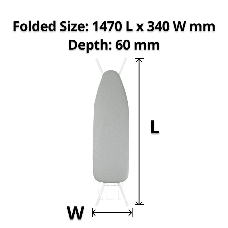Folded standard board marked L and W with the caption Folded Size 1470 L x 340 W mm, Depth 60 mm