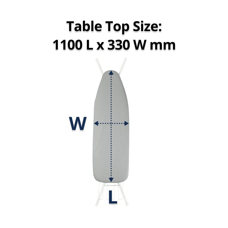 Folded standard board with dotted arrows and the caption Table Top Size 1100 L x 330 W mm