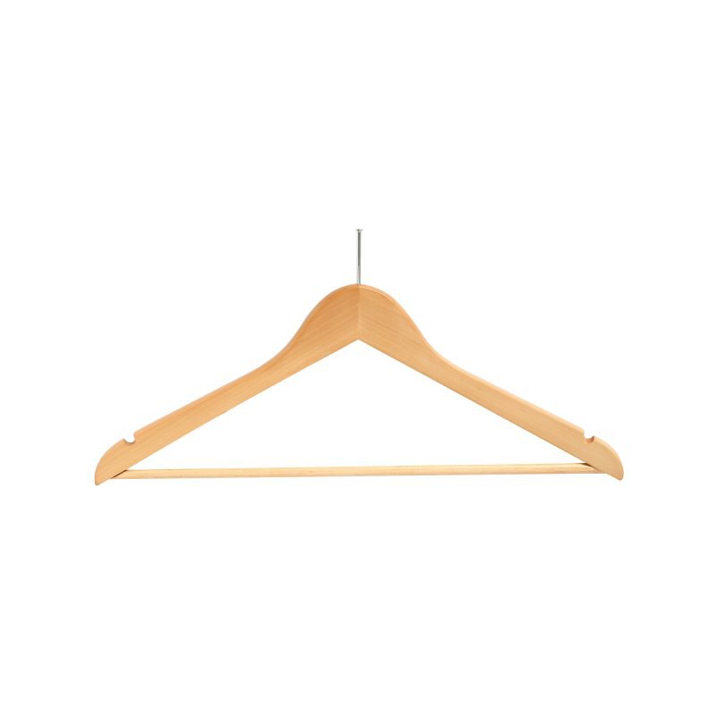 Compass 59121 light wood security hanger on white with a short pin at the crown, notched shoulders and a straight lower bar