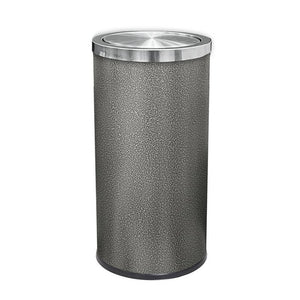 Compass 769430 tall round hammertone grey swing top bin on white with a domed brushed stainless steel swing lid