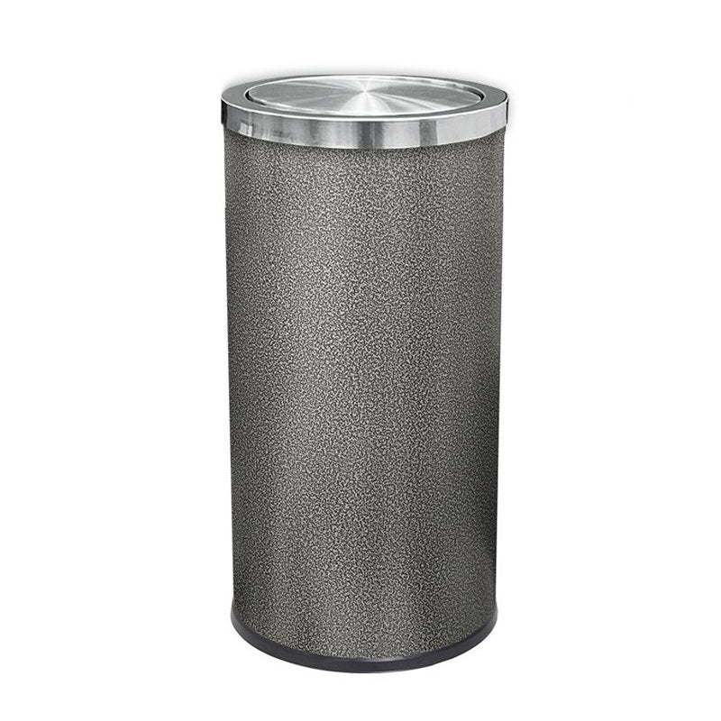 Compass 769430 tall round hammertone grey swing top bin on white with a domed brushed stainless steel swing lid