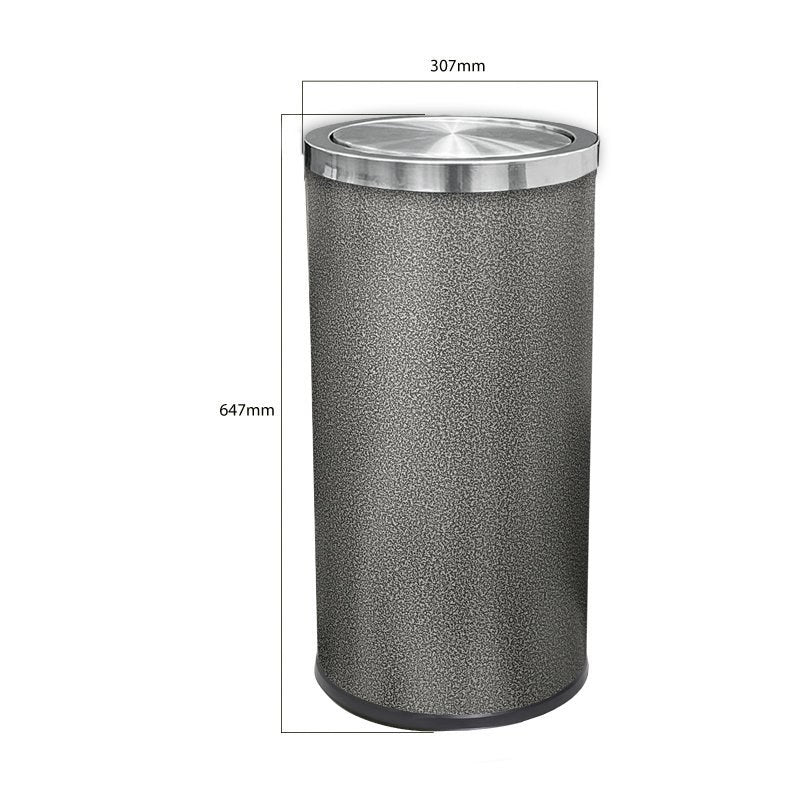 Compass hammertone swing top bin with measurement lines marked 307mm across the top and 647mm high