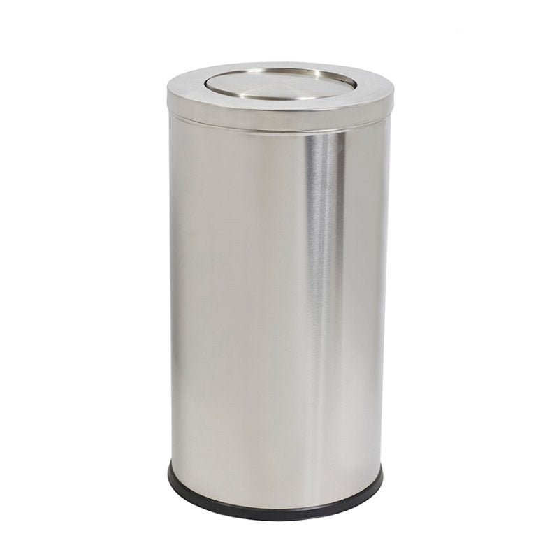 Compass 769408 tall round bin in brushed stainless steel on white, with a domed swing flap set into the flat top and a black rubber base