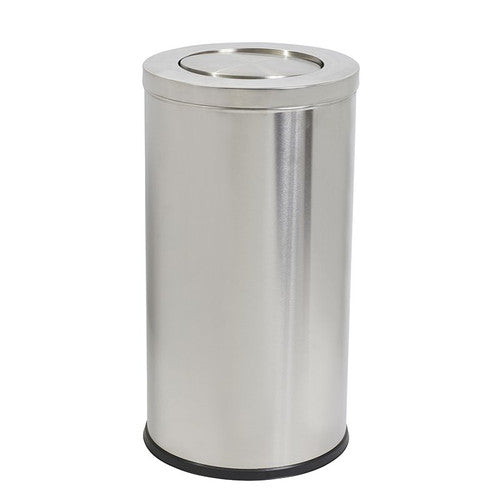 Compass 62L swing top bin in brushed stainless steel standing upright on white background