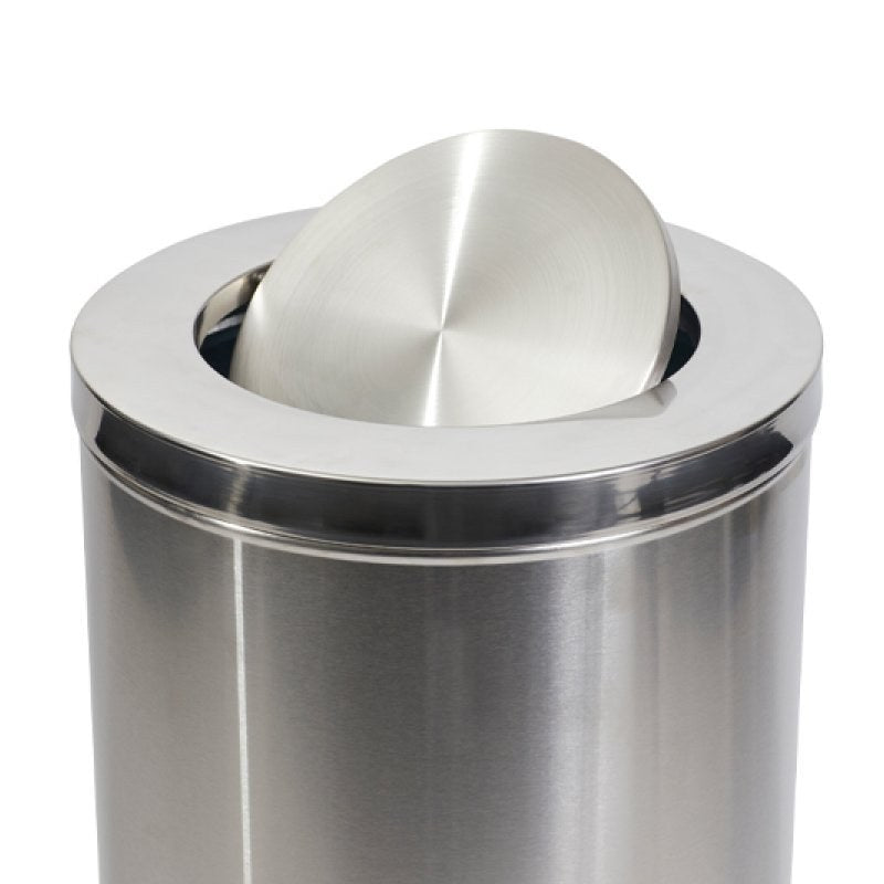Close view of the Compass 62 litre bin top showing the brushed stainless swing flap tilted open inside the round collar