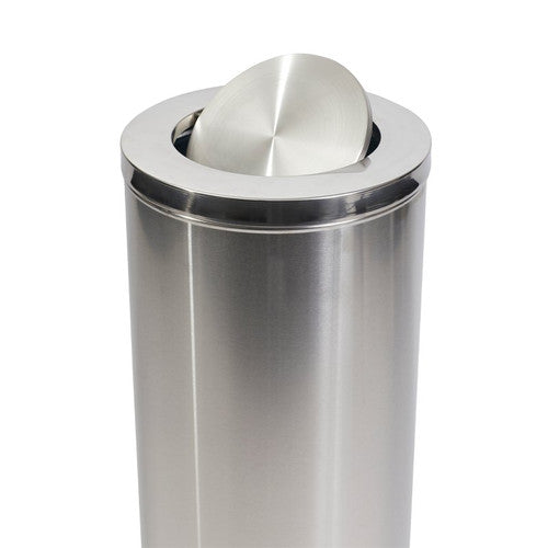 Close-up of the swing-top lid mechanism and brushed stainless steel finish on the Compass 62L bin