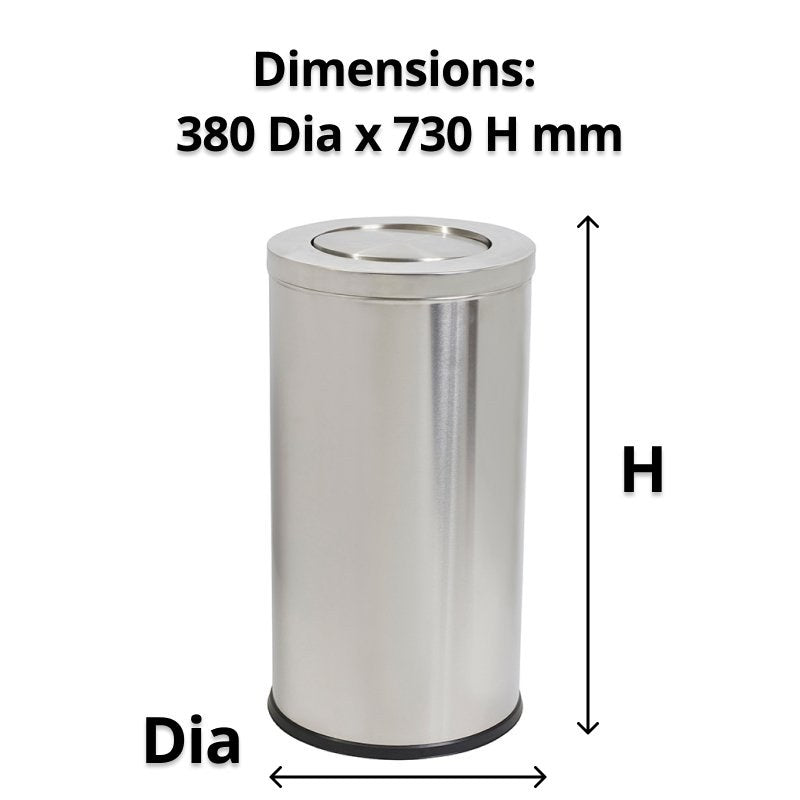 Compass round swing top bin with a diameter arrow and a height arrow under a caption reading Dimensions 380 Dia x 730 H mm
