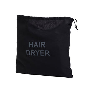 Compass black synthetic hair dryer bag, square, with HAIR DRYER printed in large grey capitals and a black drawstring cord at one corner