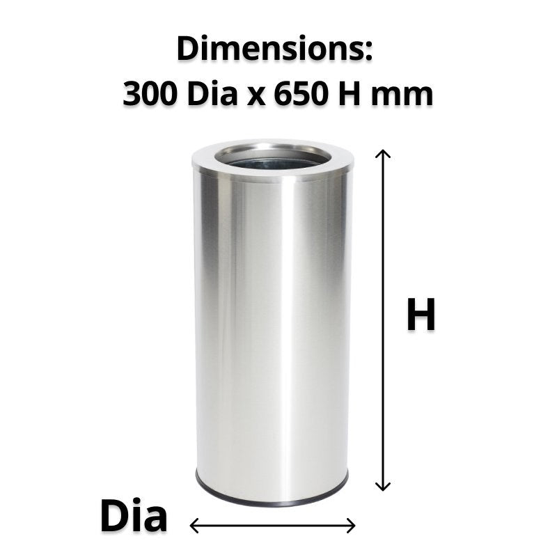 Compass 45 litre tidy bin with diameter and height arrows under a caption reading Dimensions 300 Dia x 650 H mm
