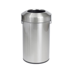 Compass 769260 Urban open top bin in brushed stainless steel on white, a tall cylinder with a domed top and round opening and small side handles