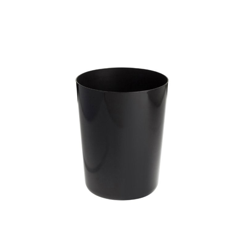 Compass 7675601 round black melamine waste bin on white, with a slightly flared open top and a low sheen finish