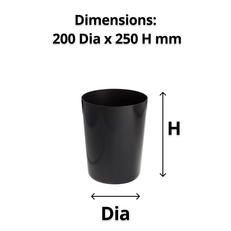 Compass black melamine bin with diameter and height arrows under a caption reading Dimensions 200 Dia x 250 H mm