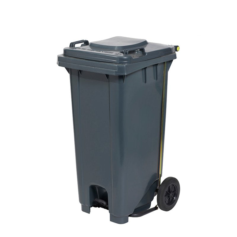Compass grey 120 litre wheelie bin with foot pedal lid and wheels for commercial waste handling