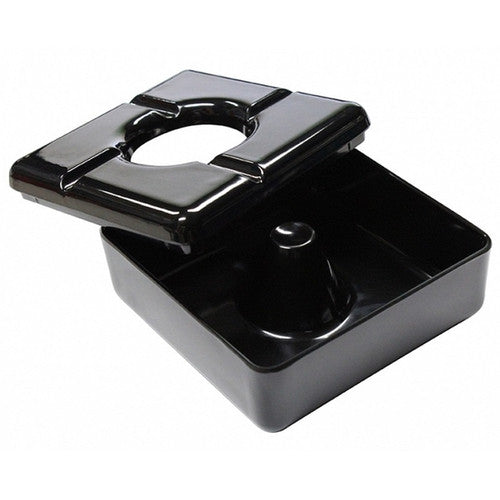 Top-down view of Compass black windless ashtray showing sealed chamber and lid detail