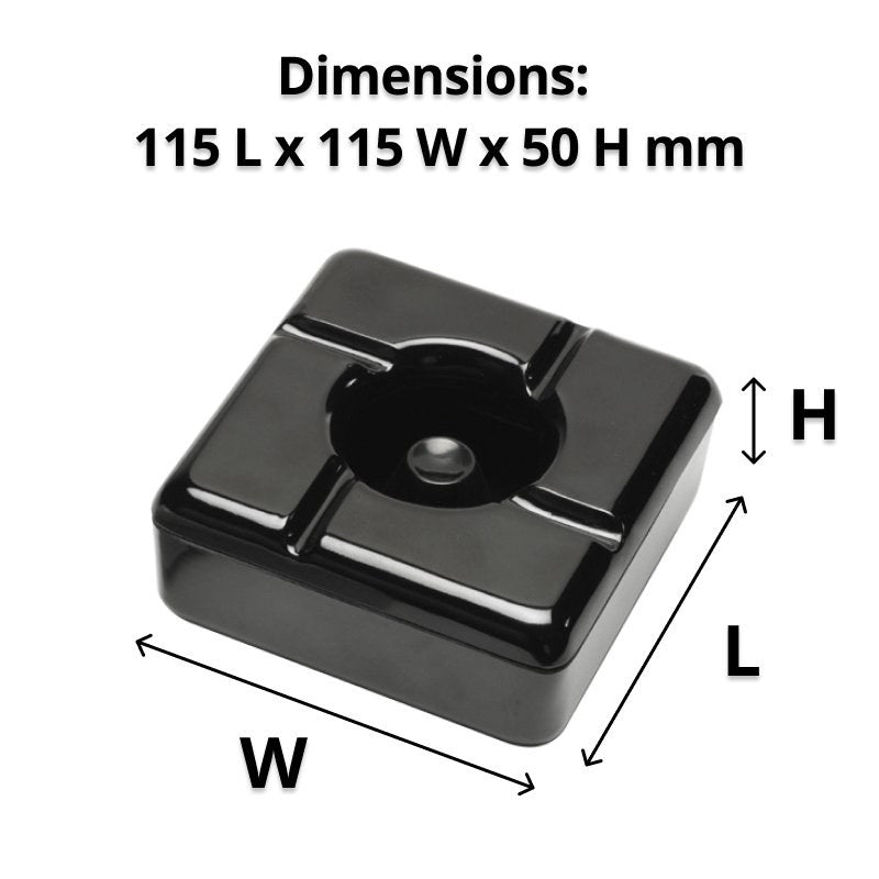 Black square Compass ashtray with arrows marking length, width and height, captioned Dimensions 115 L x 115 W x 50 H mm