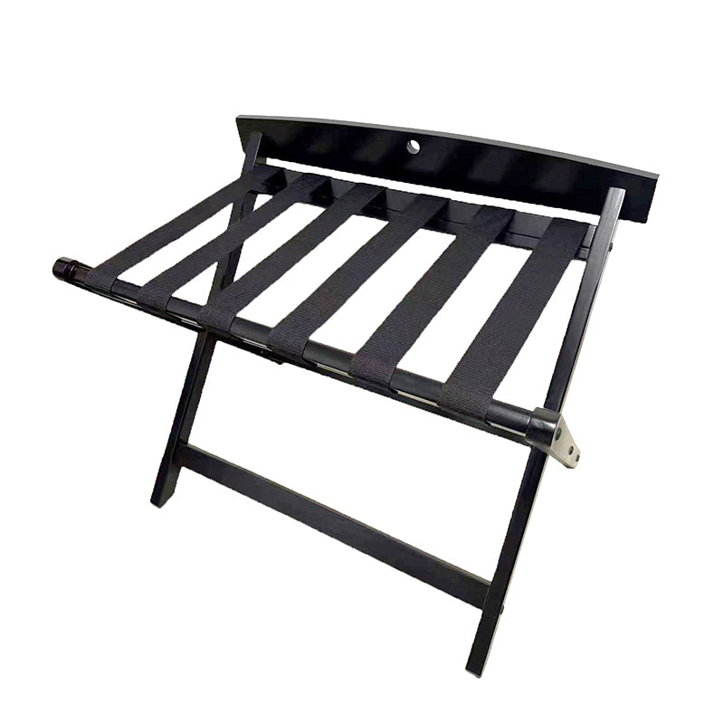 Compass black wooden folding luggage rack with six nylon straps and felt wall protection for hotel guestrooms
