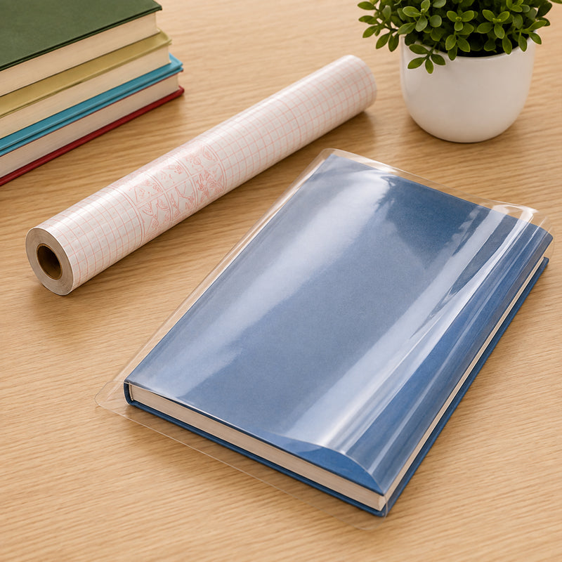 Close up lifestyle view of a hardcover book neatly wrapped with ConTact Premium Book Covering Film beside the 330mm x 15m roll. The clear gloss finish showcases the book cover while providing durable everyday protection.