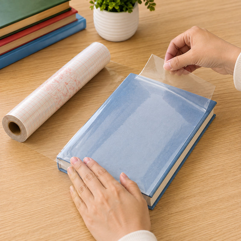 A user carefully applies ConTact Premium 80 Mic Clear Gloss Book Covering Film to a hardcover book on a wooden desk. The image demonstrates the smooth self adhesive application process while highlighting the transparent gloss finish and protective coverage.
