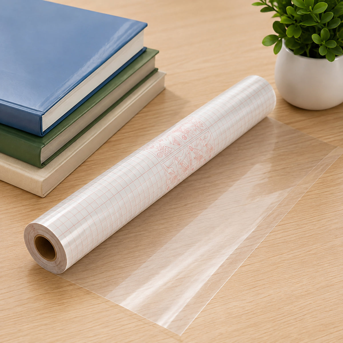 The ConTact Premium Book Covering Film roll is displayed on a tidy workspace beside stacked books and a potted plant. A section of transparent film is unrolled to highlight its generous width, clarity and smooth polypropylene construction.