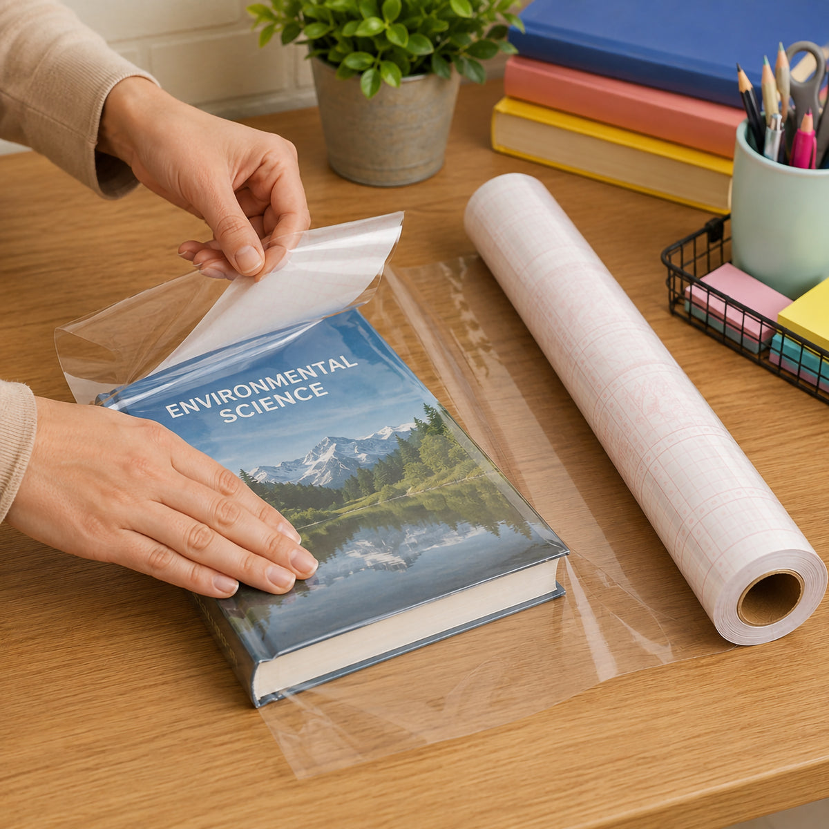A user applies ConTact Premium 80 Mic Clear Gloss Book Covering Film to a hardcover environmental science textbook on a study desk. The transparent self adhesive film is carefully positioned to provide smooth, durable protection while preserving the book cover beneath.