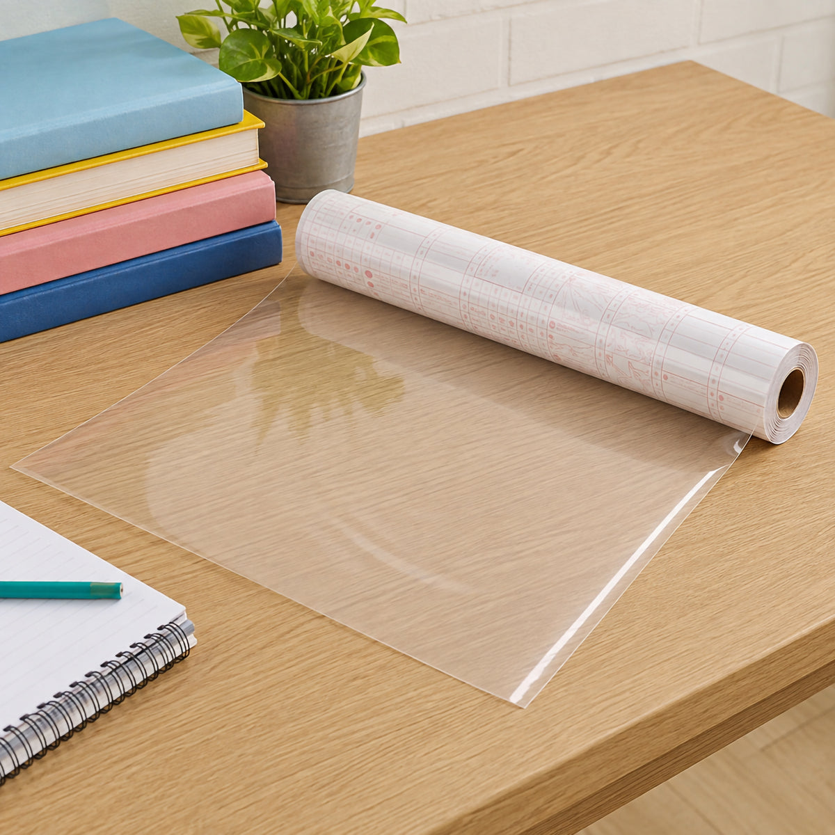 The ConTact Premium 375mm x 15m Book Covering Film roll is displayed on a tidy workspace with stacked books and stationery. A section of transparent film is unrolled to showcase its generous width, crystal clear finish and premium polypropylene material.