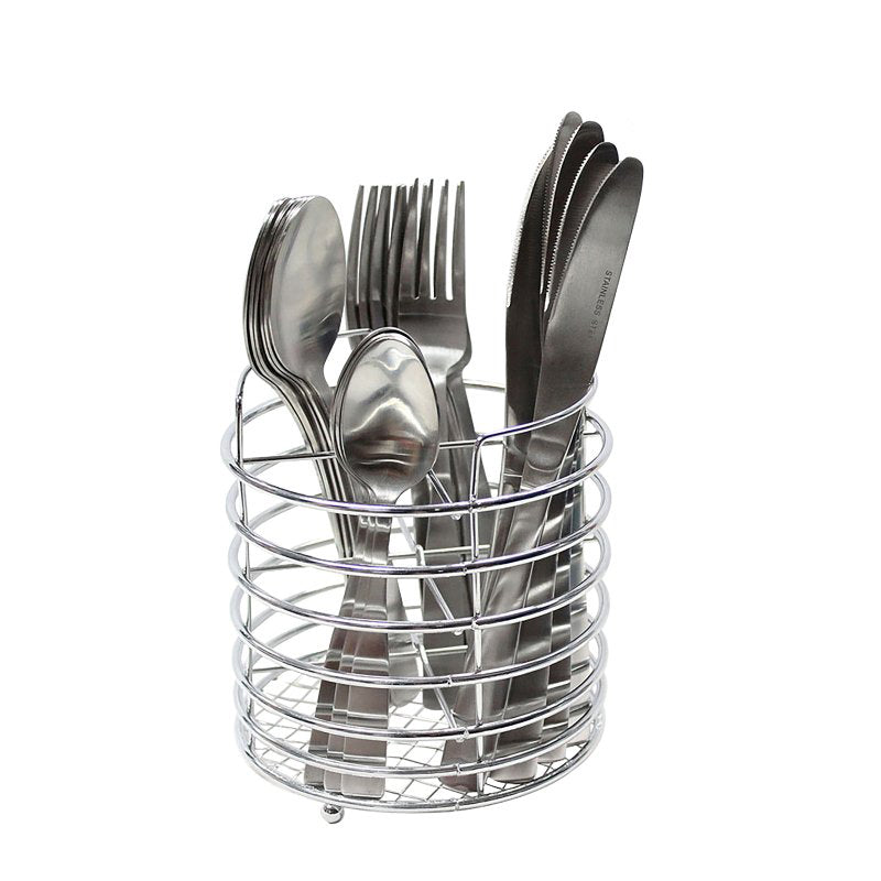 Connoisseur 24 piece cutlery set standing in a round chrome wire caddy, knives, forks and spoons upright, on white