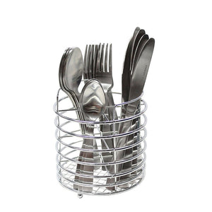 Connoisseur 24 piece cutlery set standing in a round chrome wire caddy, knives, forks and spoons upright, on white