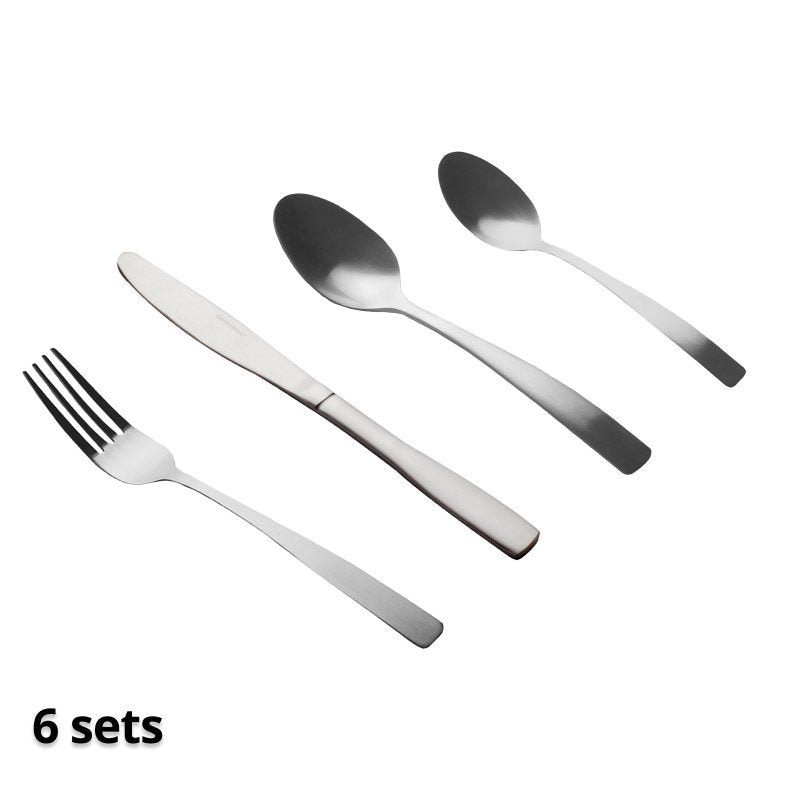 One place setting from the Satin range laid out: fork, knife, dessert spoon and teaspoon, with the caption 6 sets