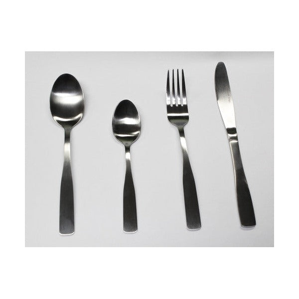 Four Satin pieces laid side by side on a grey surface: dessert spoon, teaspoon, fork and knife with flat brushed handles