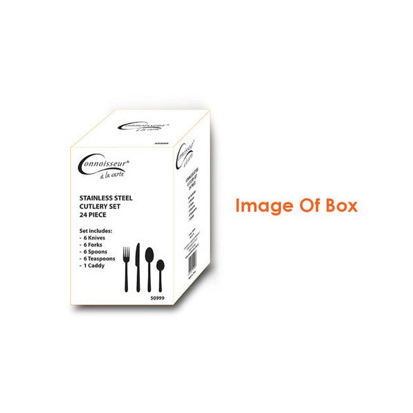 Illustration of the Connoisseur a la carte cutlery set box listing 6 knives, 6 forks, 6 spoons, 6 teaspoons and 1 caddy