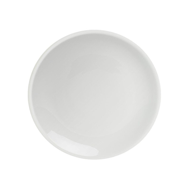 White Connoisseur A-La-Carte 230 mm coupe plate from above, showing the rimless face curving up to the edge