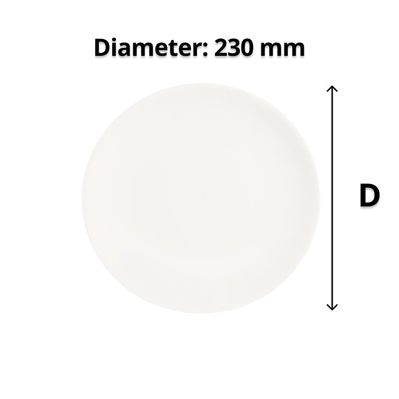 Top view of the 230 mm coupe plate with an arrow marking the diameter and the caption Diameter: 230 mm