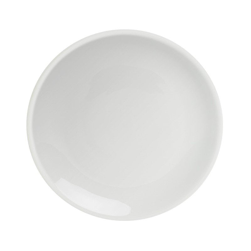 White Connoisseur A-La-Carte 270 mm coupe plate from above, its broad rimless face rising smoothly to the edge