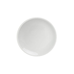 Small white Connoisseur A-La-Carte coupe side plate seen from above, rimless face with a soft highlight on the glaze