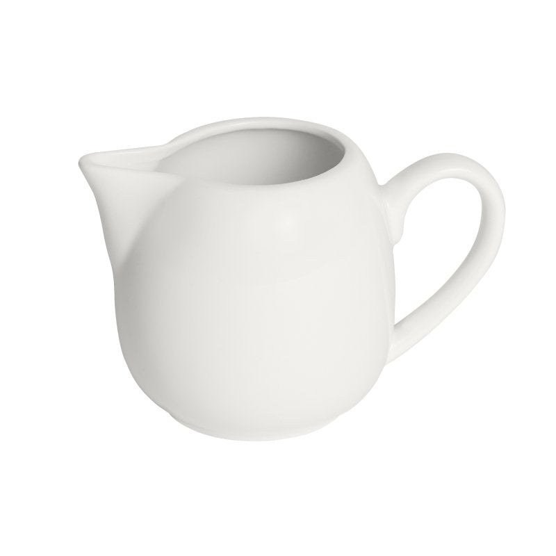 Connoisseur A-La-Carte white porcelain milk jug on white, rounded belly, pinched spout and loop handle